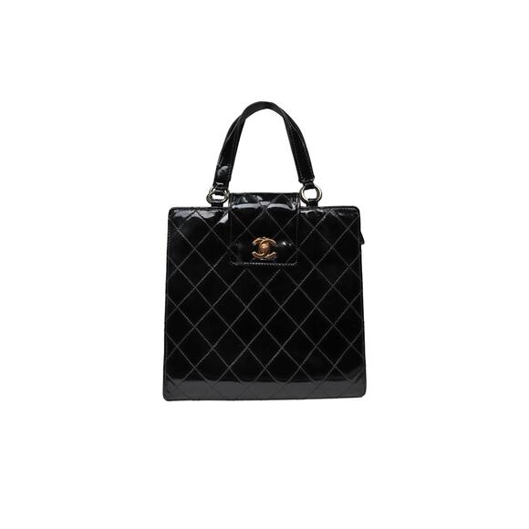 CHANEL Black Patent Quilted Tote Bag A-A34443 - Picture 1 of 1